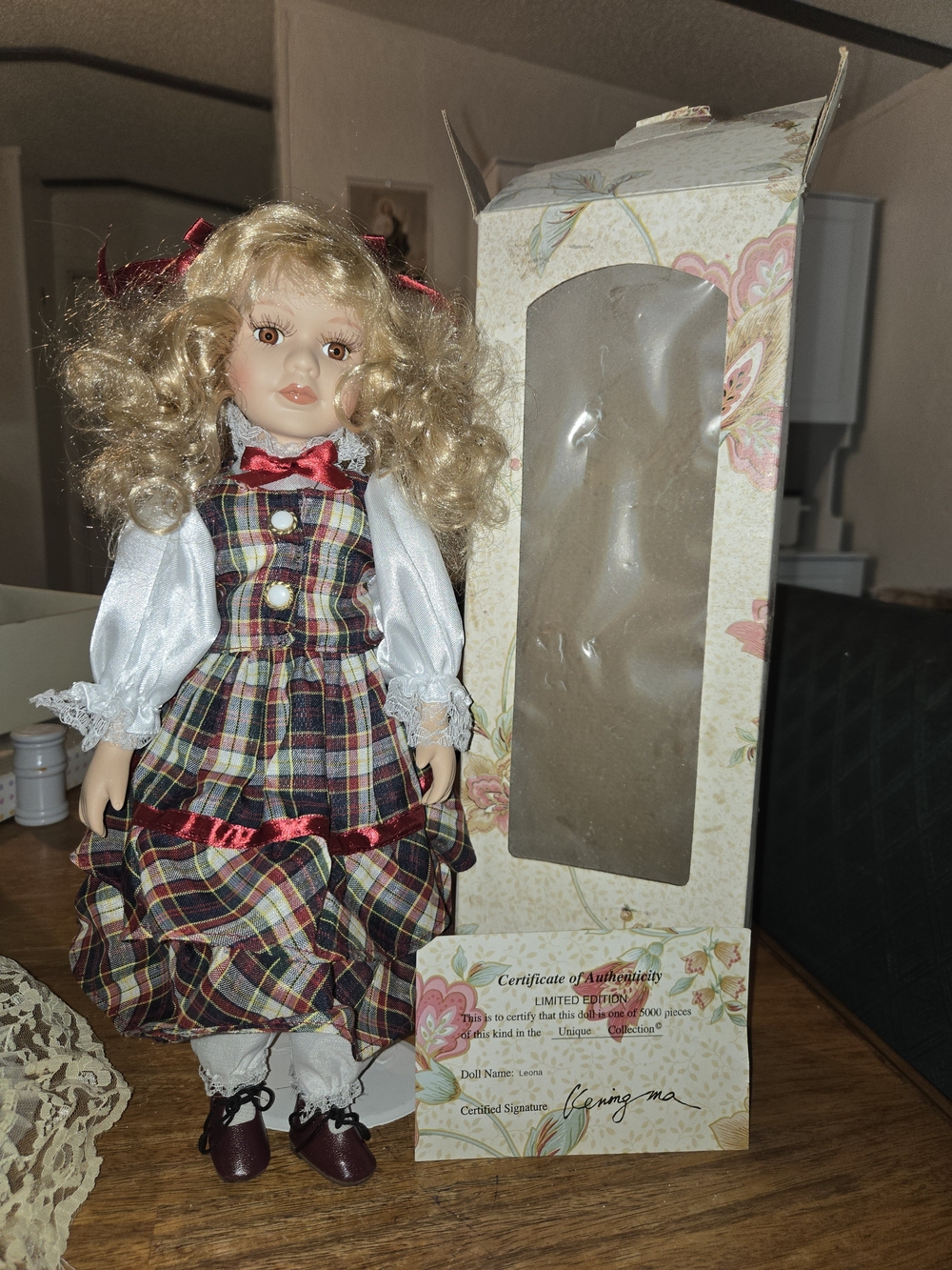 Unique Vintage Blonde Curly Hair Porcelain Doll in Plaid Dress